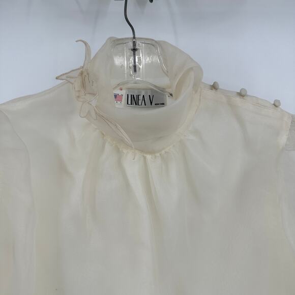 Linea V Women Top Sz 10 Sheer High Neck Puff Sleeve Regency Cottagecore Romantic - Picture 2 of 9